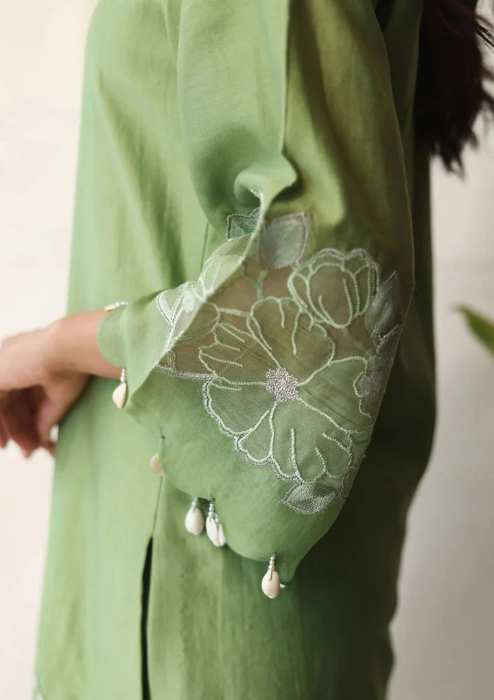 Soulika Sage Green 3-Piece Suit with Floral Embroidery & Tassel Details