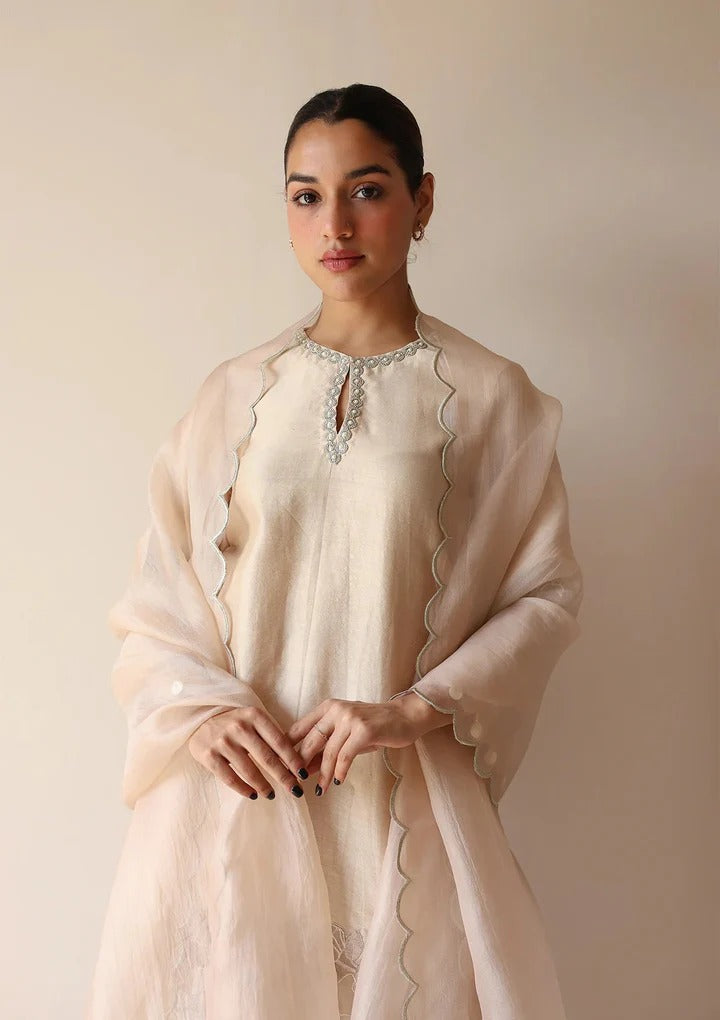 Soulika Silk Kurta Set with Floral Embroidery and Pearl Tassel Details