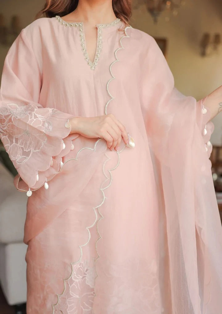 Soulika Soft Blush Pink Embroidered Kurta Set with Sheer Scalloped Dupatta