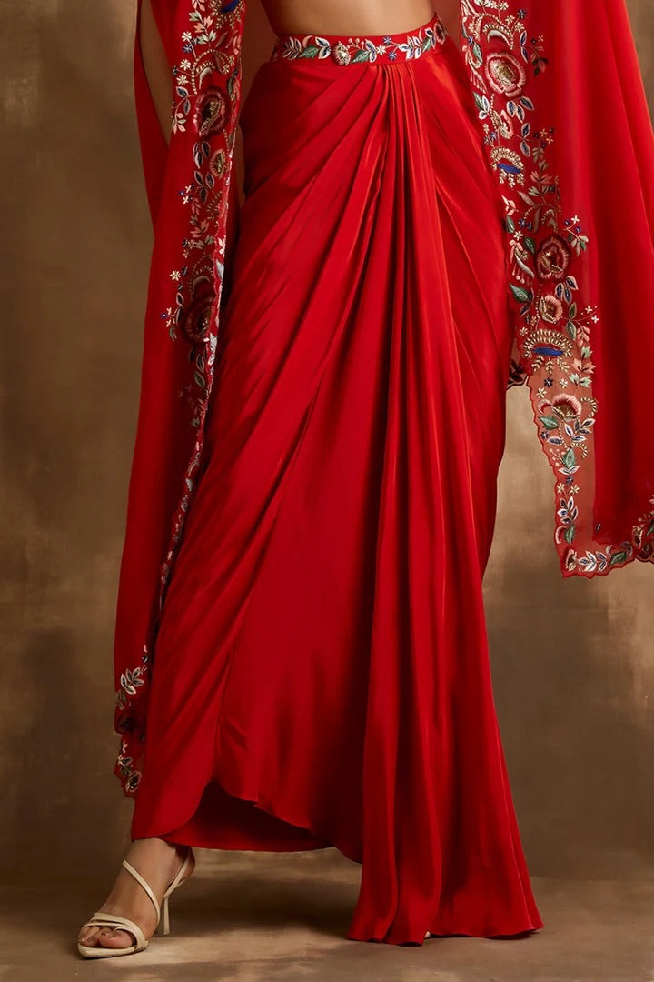 Soulika Red Draped skirt with embroidered crop top & cape