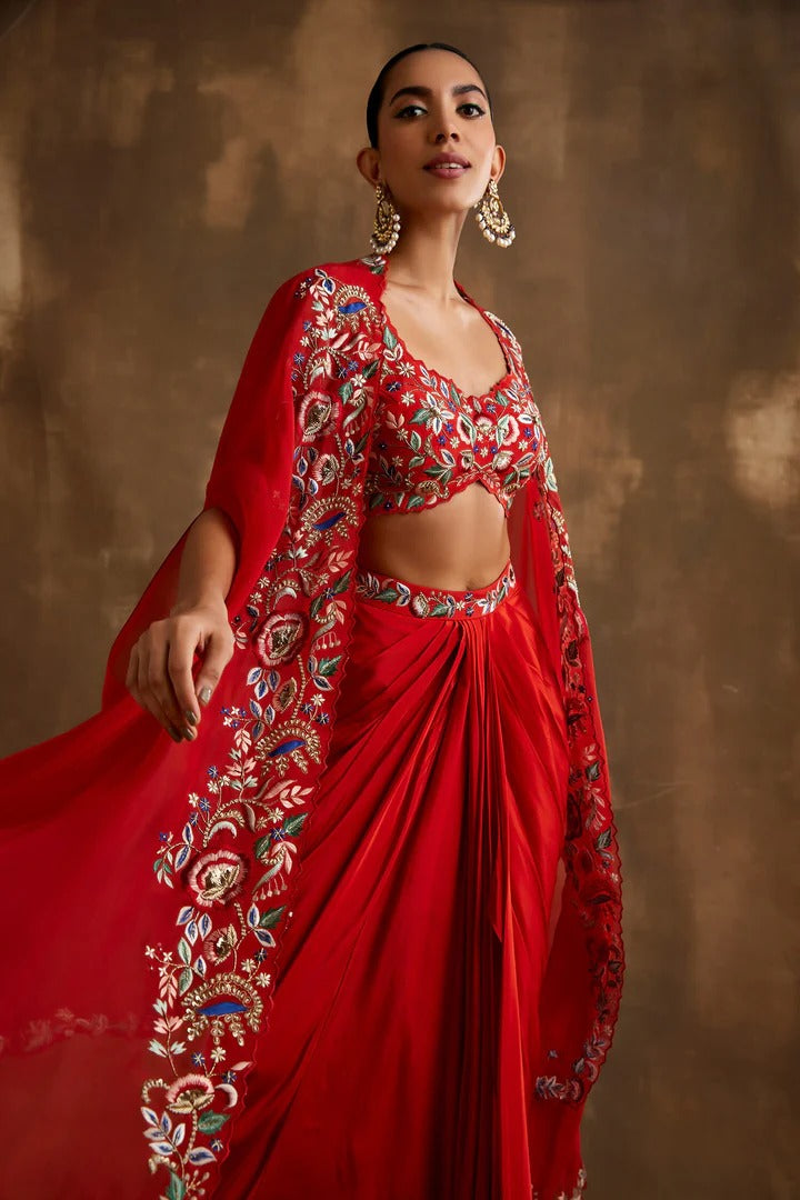 Soulika Red Draped Skirt With Embroidered Crop Top & Cape