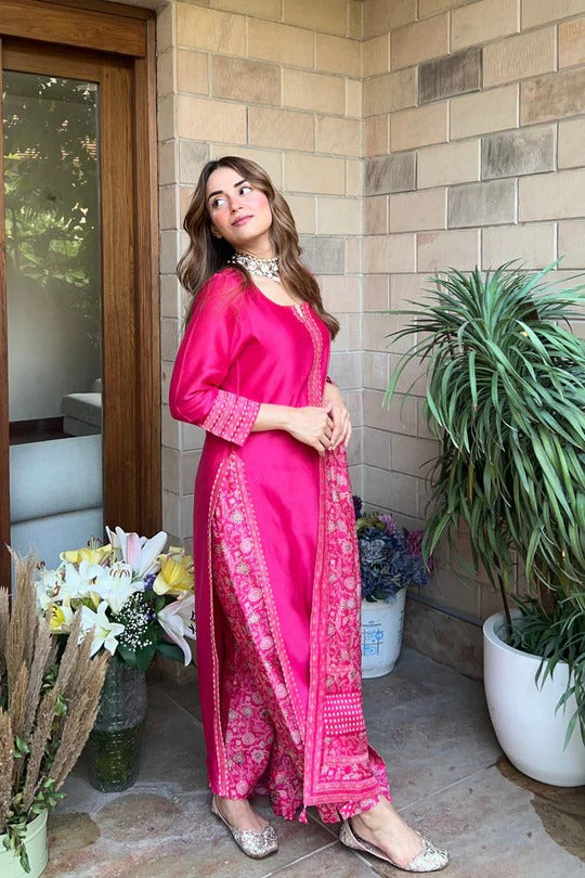 Soulika Elegant Rani Pink Silk Kurta Set with Heritage Print Dupatta