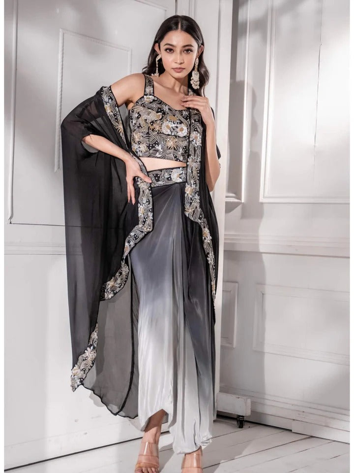 Soulika Black Ombre Indo western Draped Dhoti Skirt Set