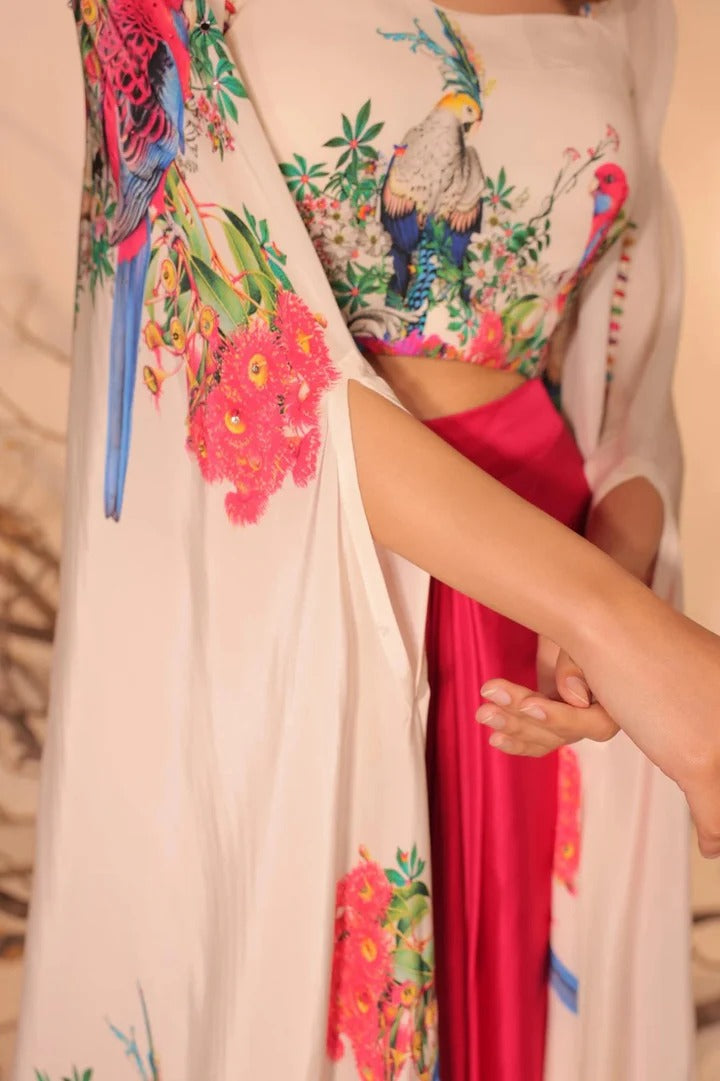 Soulika Crimson Bloom Indo-Western Drape Set with Embroidered Cape