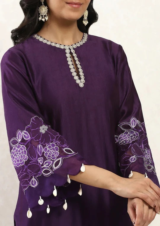 Soulika Purple Embroidered Kurta Set with Sheer Scalloped Dupatta