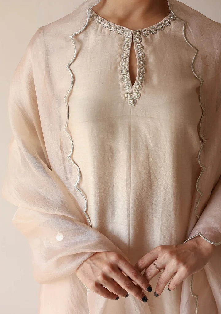 Soulika Silk Kurta Set with Floral Embroidery and Pearl Tassel Details