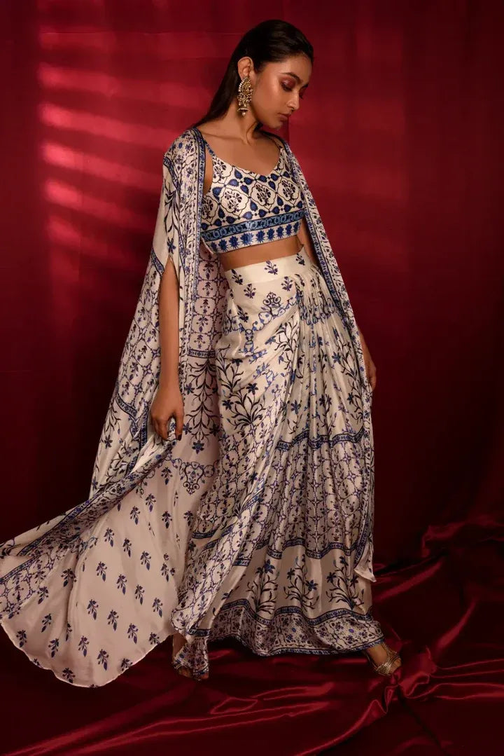 Soulika Beautiful Satin Georgette Moroccan Print Dhoti Skirt Set