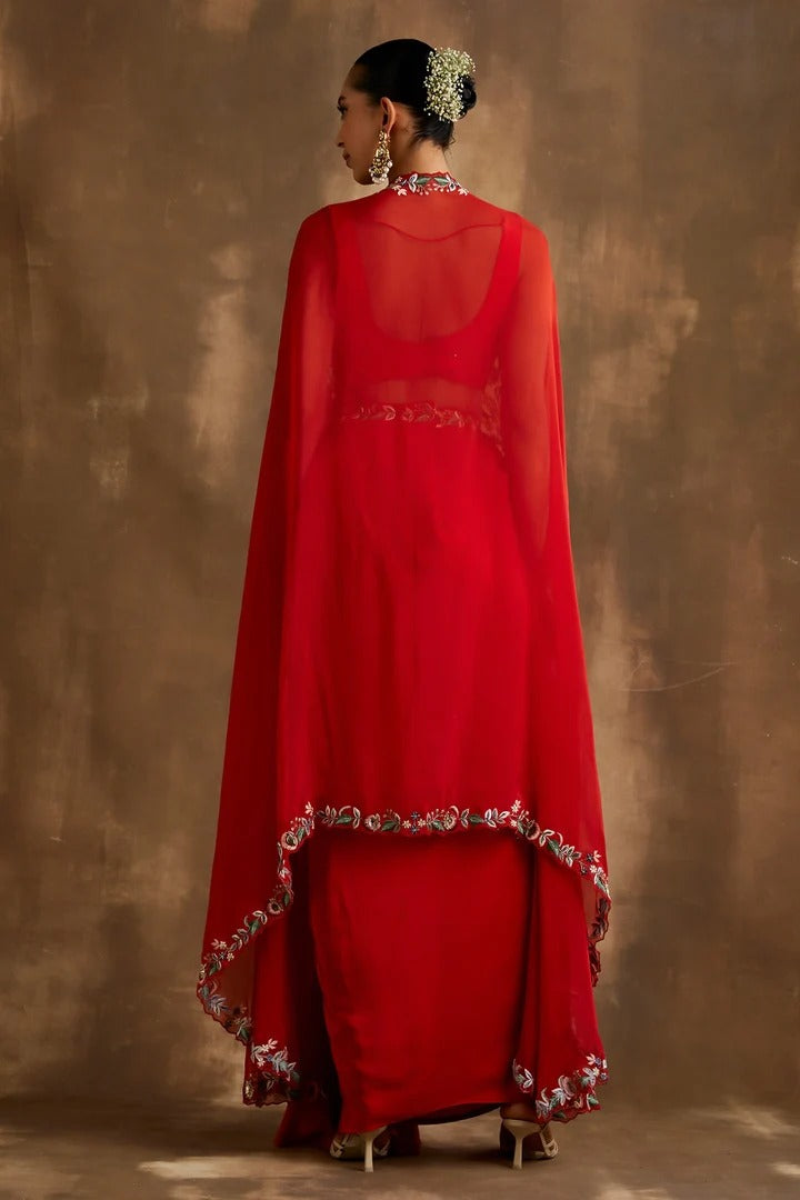 Soulika Red Draped skirt with embroidered crop top & cape