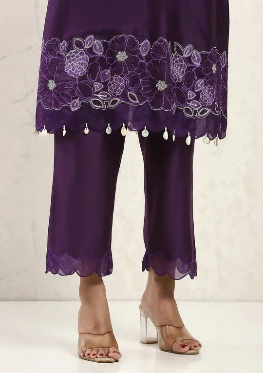 Soulika Purple Embroidered Kurta Set with Sheer Scalloped Dupatta