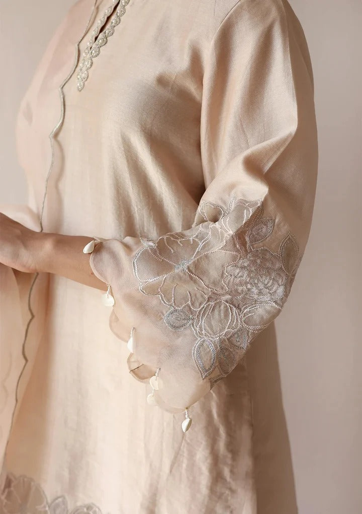 Soulika Silk Kurta Set with Floral Embroidery and Pearl Tassel Details