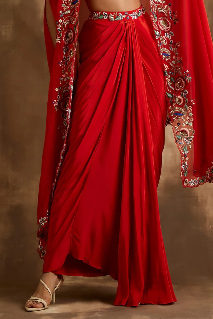 Soulika Red Draped Skirt With Embroidered Crop Top & Cape