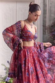 Soulika Wine Floral Printed Lehenga Set with Embellished Bralette & Sheer Dupatta