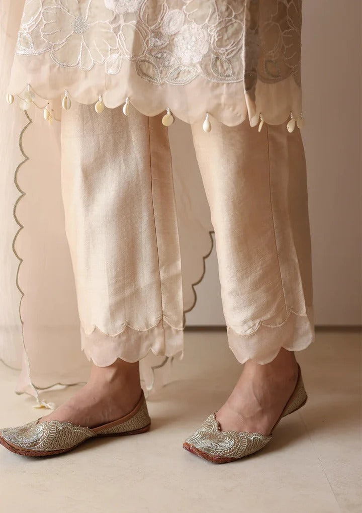Soulika Silk Kurta Set with Floral Embroidery and Pearl Tassel Details