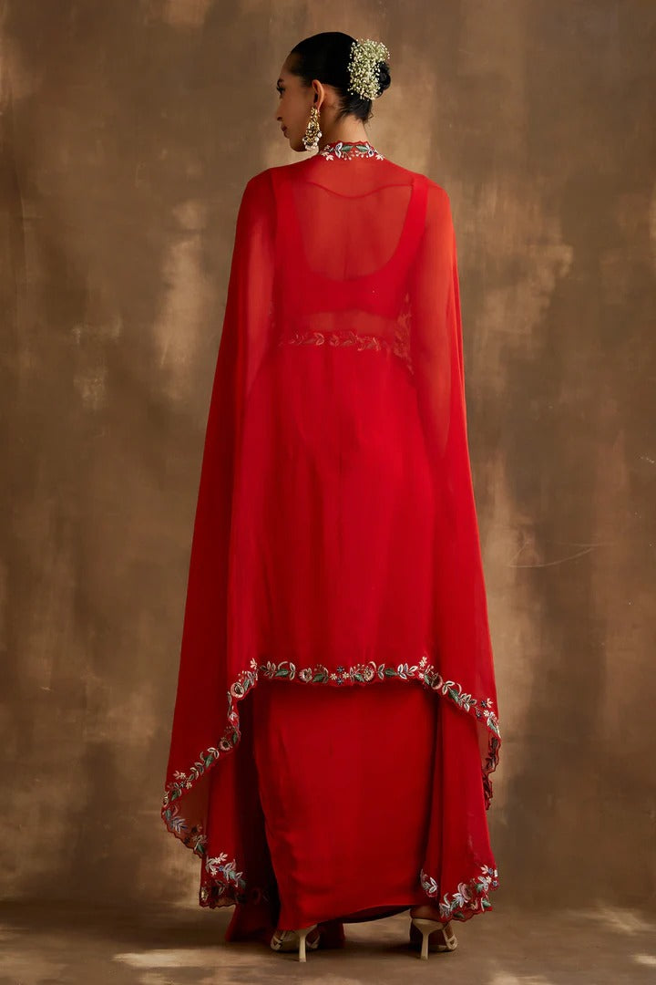 Soulika Red Draped Skirt With Embroidered Crop Top & Cape