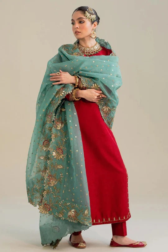 Soulika Ruby Red Kurta Set with Teal Embroidered Dupatta