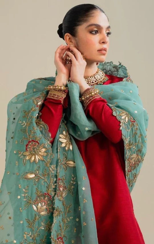 Soulika Ruby Red Kurta Set with Teal Embroidered Dupatta