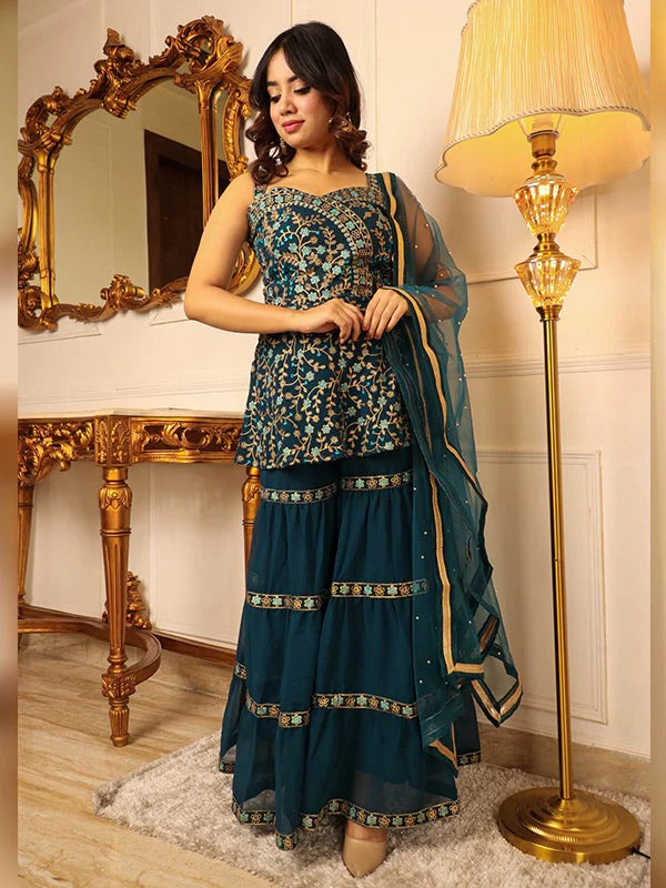 Soulika Teal Green Embroidered Kurta With Sharara & Dupatta Set