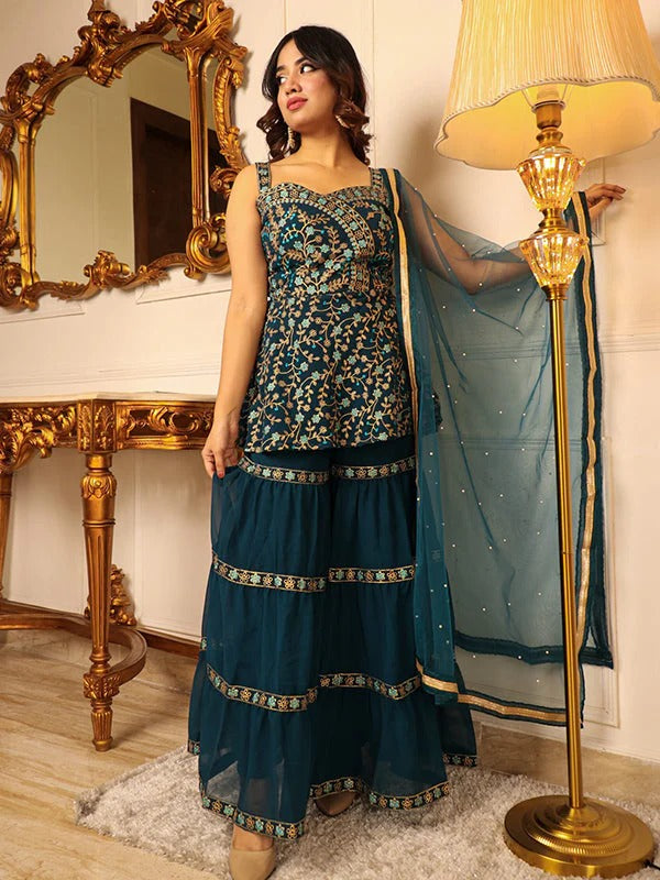 Soulika Teal Green Embroidered Kurta With Sharara & Dupatta Set