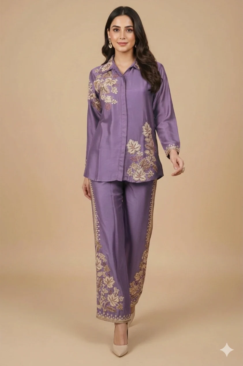 Soulika Gorgeous purple Floral Embroidered Chinon Top Bottom Set for Party and Celebration Styling