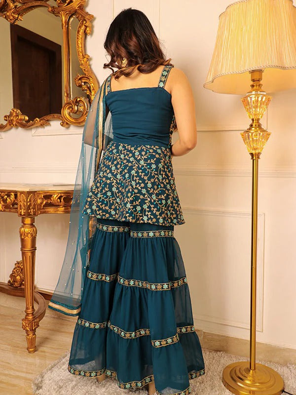 Soulika Teal Green Embroidered Kurta With Sharara & Dupatta Set