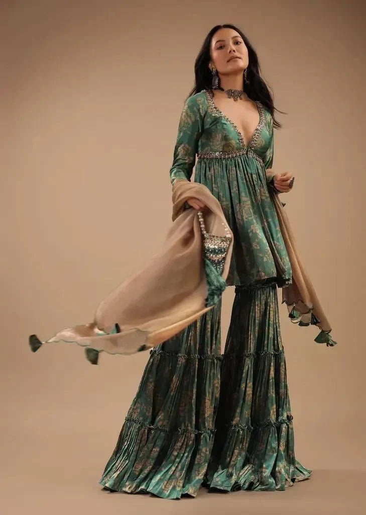 Soulika Teal Floral Printed Kurti Sharara Set with Embellished Neckline & Dupatta