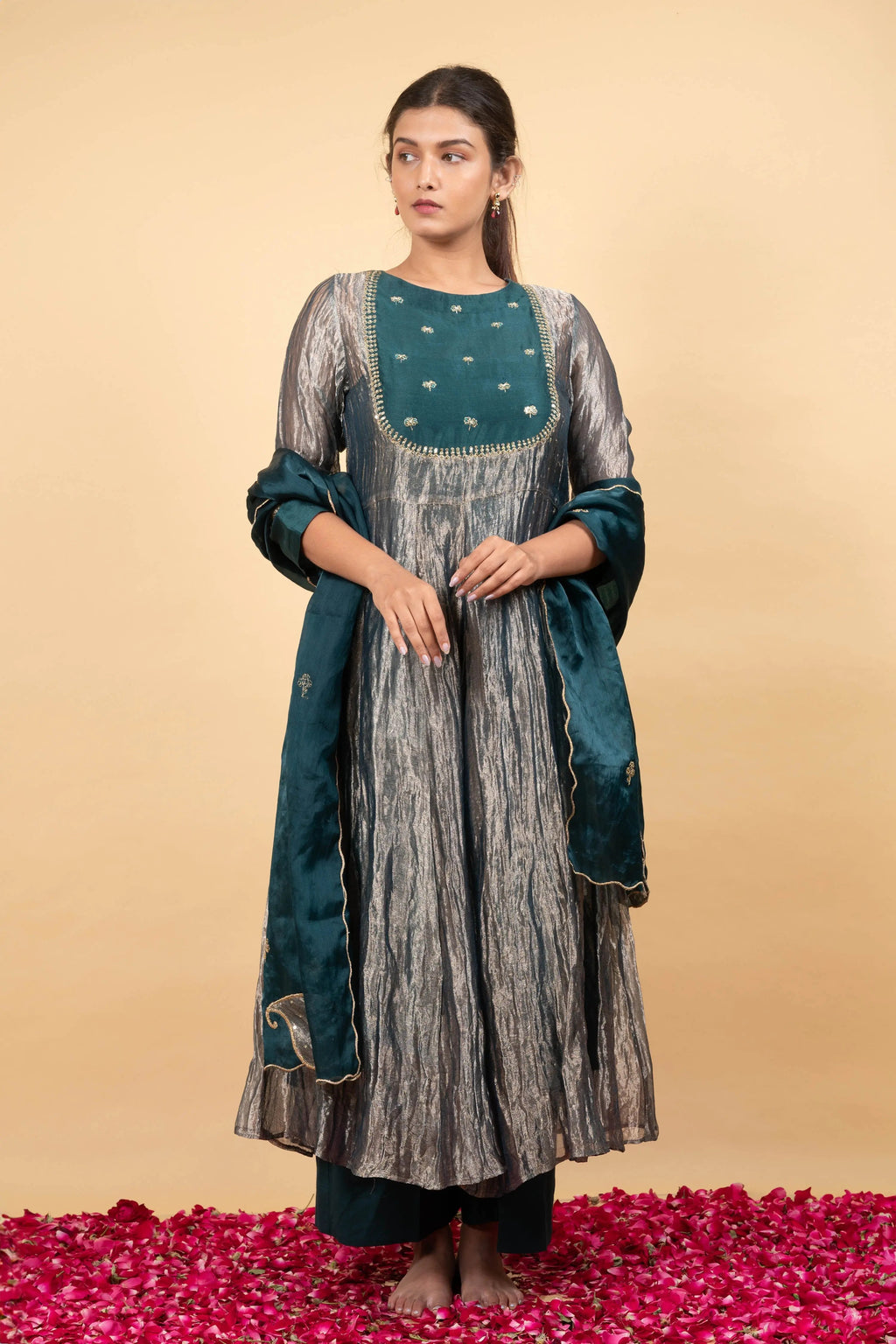 Soulika Green Anarkali Pure Handwoven Tissue Silk Embroidery Zari Thread Round Set
