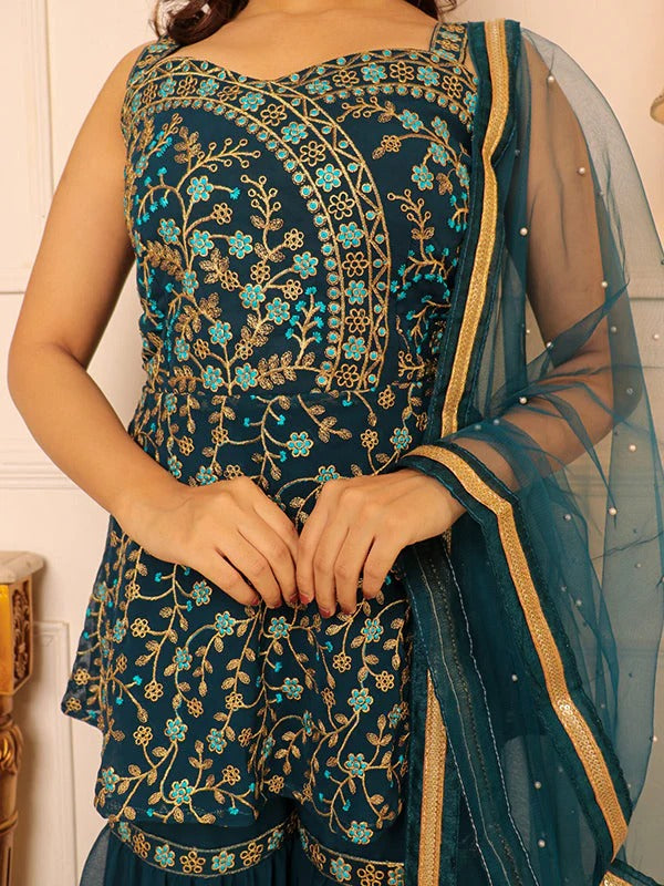 Soulika Teal Green Embroidered Kurta With Sharara & Dupatta Set