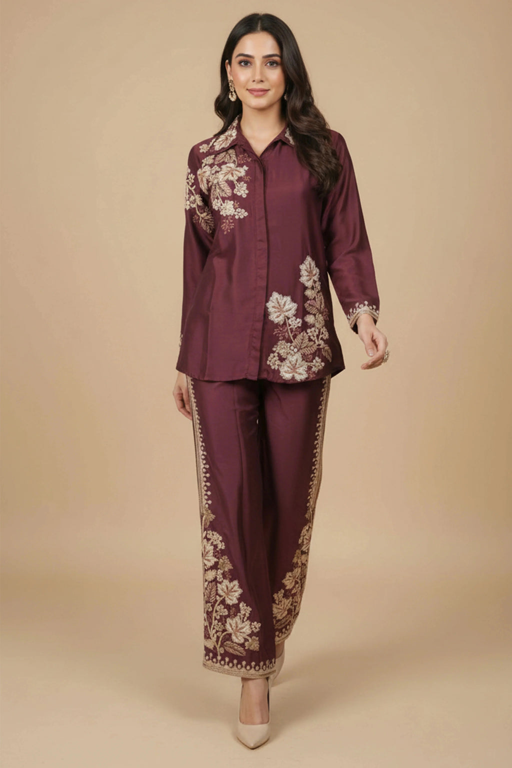 Soulika Gorgeous Wine Floral Embroidered Chinon