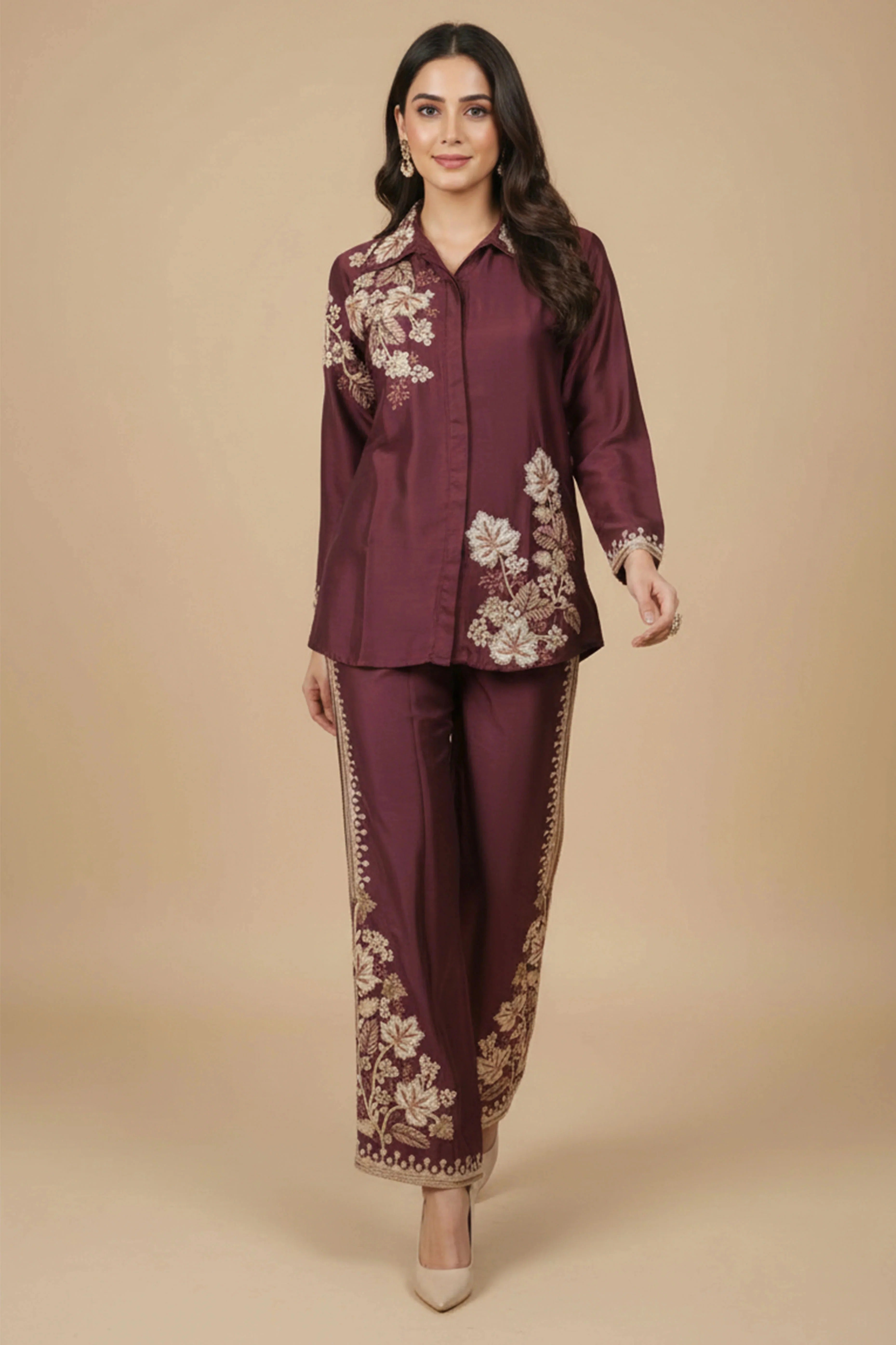 Soulika Gorgeous Wine Floral Embroidered Chinon