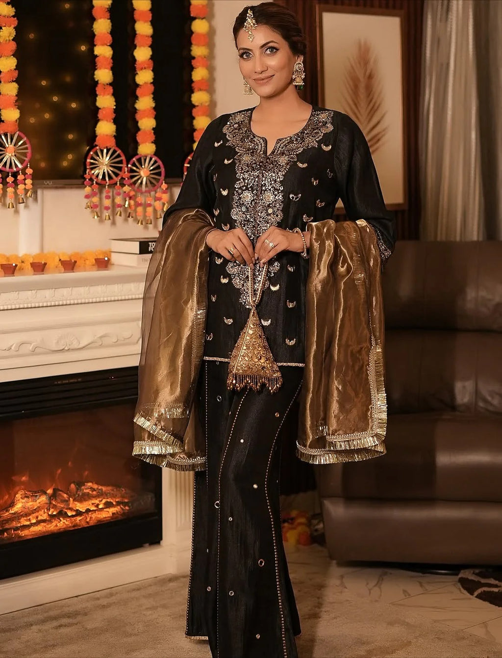 Soulika Black Luxe Hand-Embellished Kurta & Palazzo Set