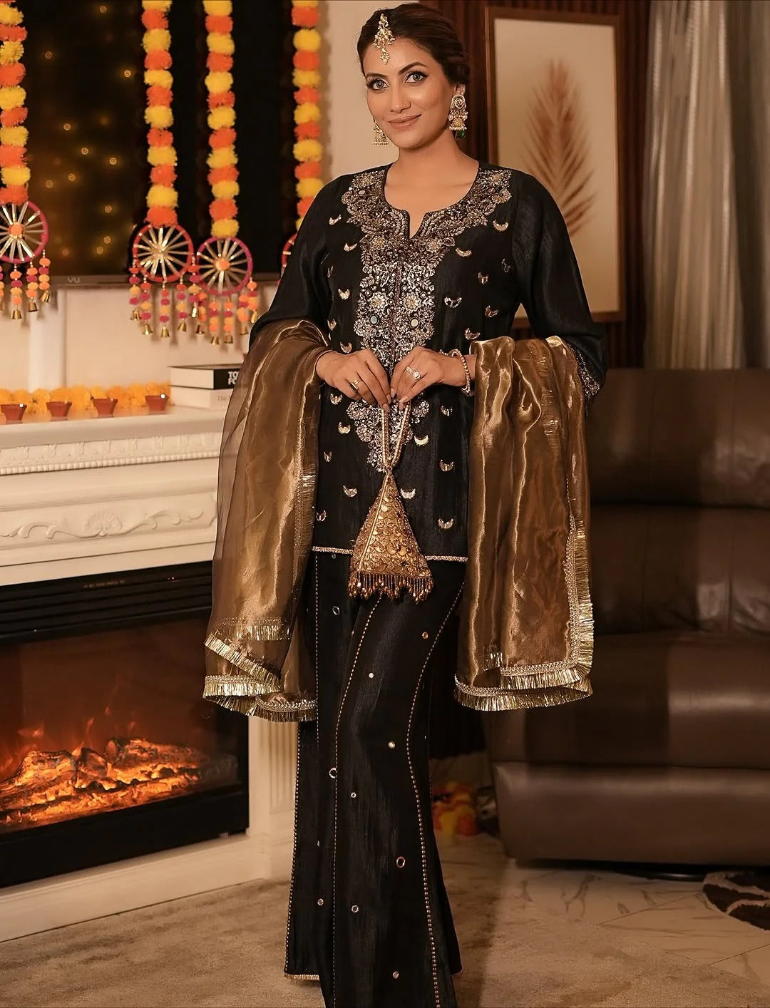 Soulika Black Luxe Hand-Embellished Kurta & Palazzo Set
