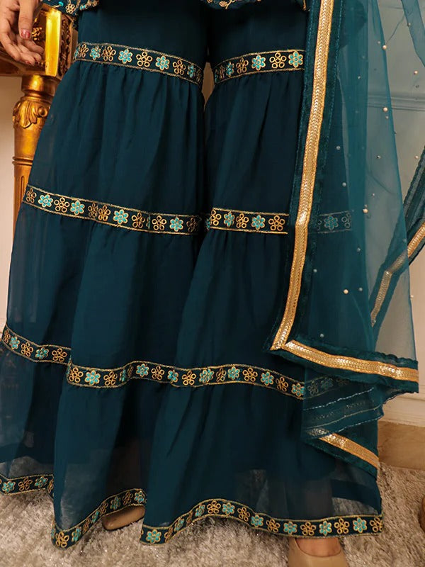 Soulika Teal Green Embroidered Kurta With Sharara & Dupatta Set