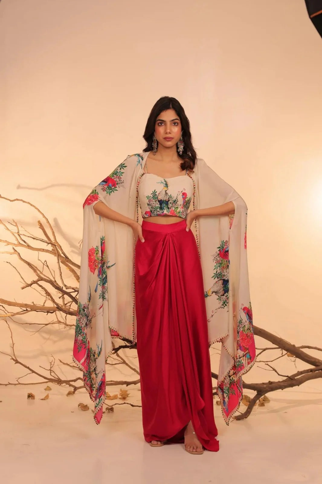 Soulika Crimson Bloom Indo-Western Drape Set with Embroidered Cape