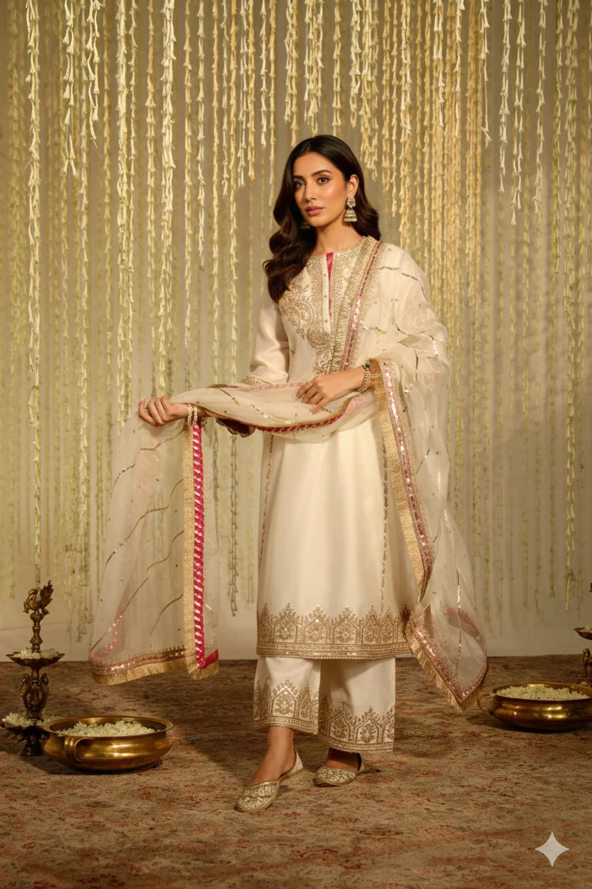 Soulika Elegant Ivory Long Kurta With Palazzo And Dupatta
