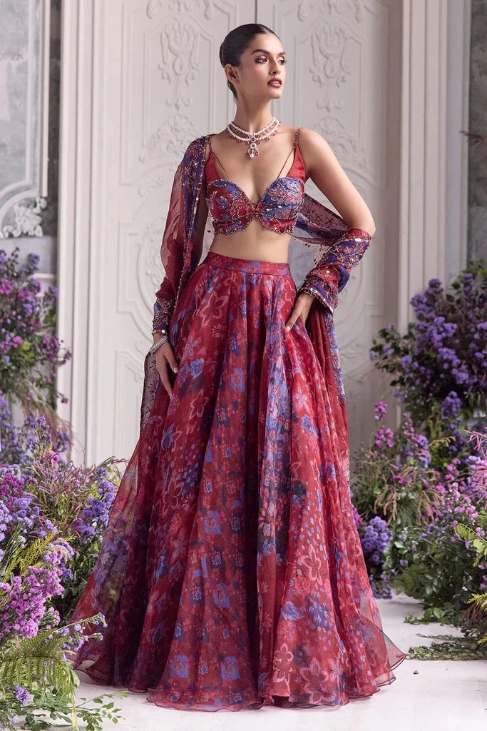 Soulika Wine Floral Printed Lehenga Set with Embellished Bralette & Sheer Dupatta